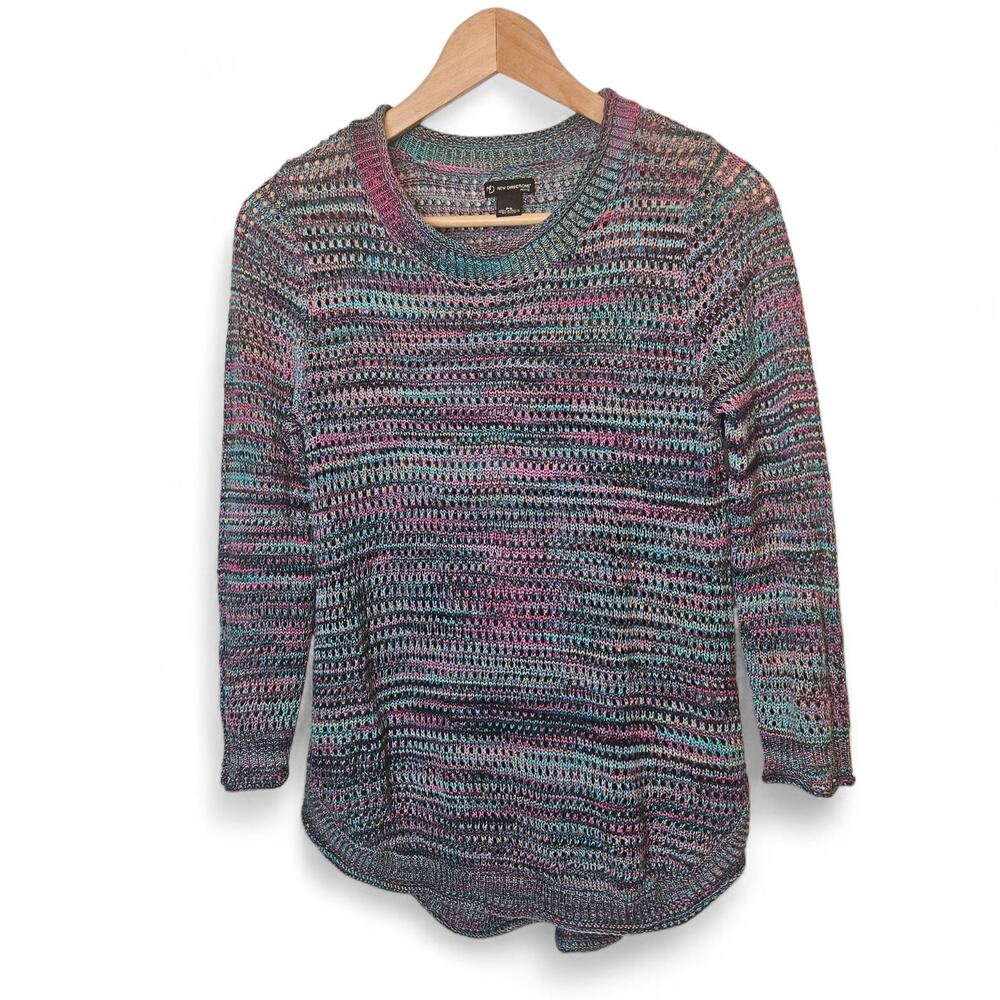 New Directions Womens Multicolor Open Knit Rounded Neck Hi-Lo Sweater Top PS